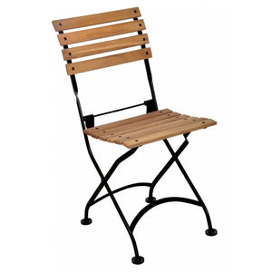 Outdoor folding dining chair with natural African teak slats and black metal frame