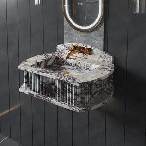 Bathroom fluted marble vessel sink, MEG Custom Marble Calacatta, floating wall-mounted with gold faucet