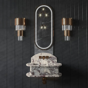 Bathroom vessel sink, fluted Calacatta marble, wall-mounted floating design by MEG Custom Marble.