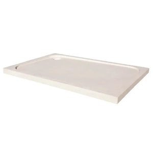 Shell Stone limestone shower base by Villohome, white rectangular 36x48 inches with drain hole.