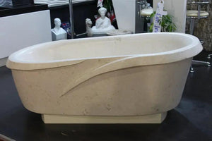Bathtub Fossil White Limestone, hand-carved solid marble, Villohome, oval sloped, polished.