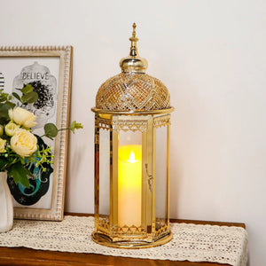 Moroccan candle lantern 15-inch gold hexagonal holder with intricate lattice, candle lit.