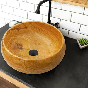 Golden Sienna travertine round bathroom vessel sink; amber-toned natural stone