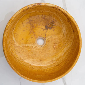 Golden Sienna travertine bathroom vessel sink, round stone basin with natural veining