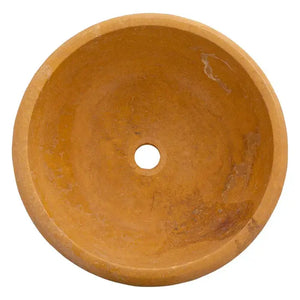 Golden Sienna travertine bathroom vessel sink, round natural stone basin.