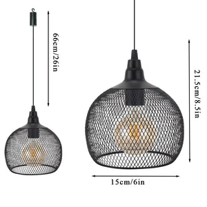 Round cage pendant lamp by JHY DESIGN, black metal mesh, battery-powered; two sizes shown, 8.5H x 6in dia.