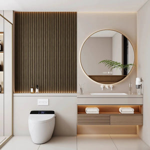 Hausvita 16-pack WPC Slat Wall Panel, 48x6 in, dark wood slat wall in a modern bathroom with round mirror