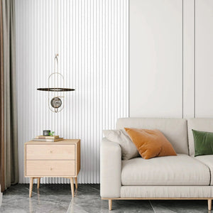 Hausvita WPC Slat Wall Panel 48 x 6 in, 16-pack, white vertical slats on bedroom wall