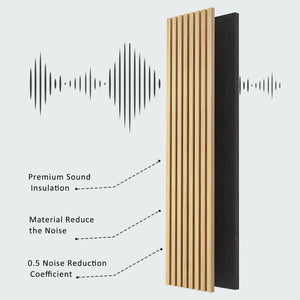 Hausvita acoustic solid wood slat wall panels, 2 panels per box; natural wood slats with black backing.