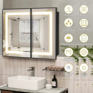 Hausvita black-framed recessed LED bathroom medicine cabinet - medium with two mirrored doors above the sink