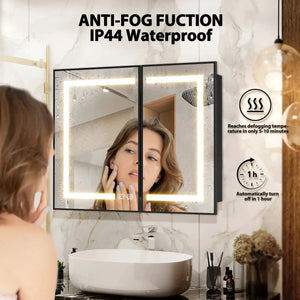 Hausvita framed recessed LED bathroom medicine cabinet with black dual-mirror doors and illuminated border