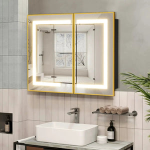 Hausvita framed recessed LED bathroom medicine cabinet with gold frame and dual mirrored doors above the sink.