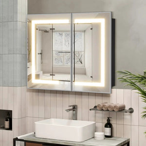 Hausvita framed recessed LED bathroom medicine cabinet with white double mirrored doors and LED edge lighting