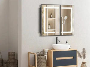Hausvita framed recessed LED bathroom medicine cabinet with black frame and mirrored doors