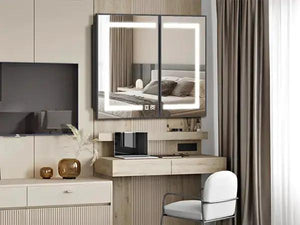 Hausvita framed recessed LED light bathroom medicine cabinet with dual mirrored doors