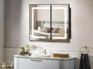 Hausvita framed recessed LED bathroom medicine cabinet, two-door with black frame and illuminated mirror.