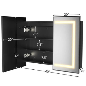 Hausvita framed recessed LED bathroom medicine cabinet, black finish with illuminated door, 40" wide by 32" tall