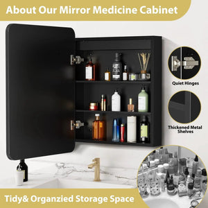 Hausvita framed recessed LED light bathroom medicine cabinet, small, black, open with shelves.