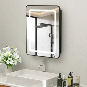 Hausvita framed recessed LED bathroom medicine cabinet with black frame and illuminated mirror
