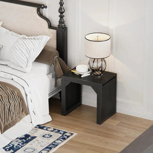 Hausvita HiKingQueens 35in Dining Bench in a bedroom; black slatted nightstand with glass lamp