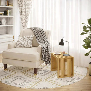 Hausvita HiKingQueens 35-inch dining bench with natural wood frame and beige upholstery in a bright living room.