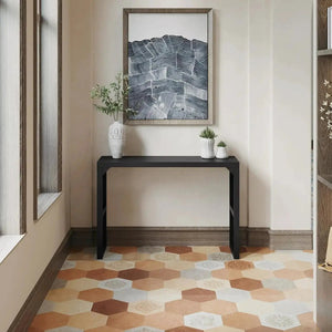 Hausvita 35-inch dining bench with dark wood top and black metal legs in entryway.