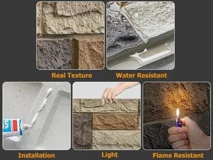 HAUSVITA faux stone wall siding panel, PU veneer exterior, 46.46 in x 13 in, collage highlights texture and durability