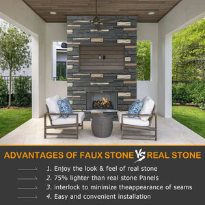Hausvita Faux Stone Wall Siding Panel, PU stone veneer exterior in dark gray with tan accents for outdoor fireplace.