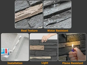 Hausvita Faux Stone Wall Siding Panel, PU veneer exterior, gray/tan stone, 46.46 x 13 in, flame and water resistant