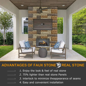 Hausvita Faux Stone Wall Siding Panel, PU stone veneer exterior, 46.46 by 13 inches, shown on an outdoor fireplace wall