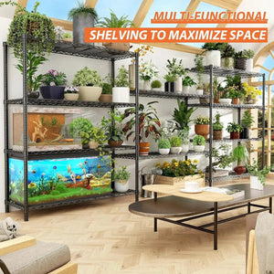 Hausvita heavy-duty storage shelves, black metal wire unit, 48 in L x 20 in W x 72 in H, plants and fish tank