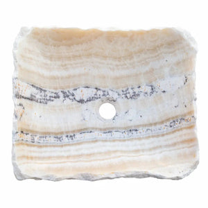 Honey Onyx rectangular above-vanity bathroom sink by Villohome; polished interior, hand-chiseled exterior