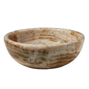 Honey Onyx stone bathroom vessel sink, round translucent vanity bowl with warm caramel tones by Villohome.