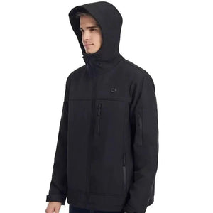 LITEGUEST 10-Zone Softshell Heated Jacket, black hooded sport jacket with multiple zip pockets.