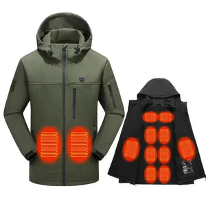 LITEGUEST 10-Zone Softshell Heated Jacket set: green jacket and black heated vest with USB power.