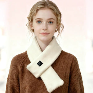 LITEGUEST USB heated neck scarf, cream fleece, worn by model with small logo patch.