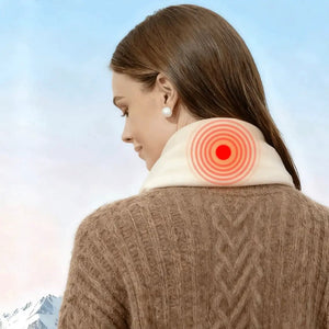 LITEGUEST USB Heated Neck Scarf worn on neck; white scarf with red circular heat pattern.