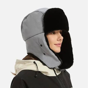 LITEGUEST Heated Trapper Hat, gray shell with black faux fur ear flaps.