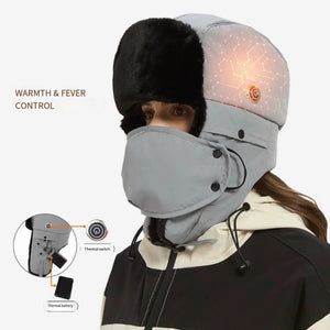 LITEGUEST Heated Trapper Hat, gray with black faux fur lining, USB-rechargeable outdoor winter hat