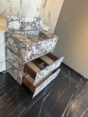 Calacatta Viola marble freestanding vanity with a single sink, white with purple veining, MEG Custom Marble by Ziynet.