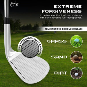 Ase Golf 3-Piece Wedge Set, silver golf wedges on a lush course