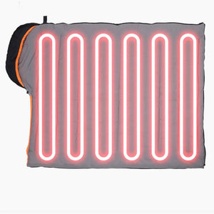LITEGUEST Winter Heated Single Sleeping Bag, grey with orange zipper, USB warmth coils visible.