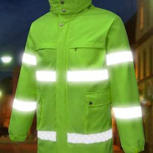 LITEGUEST USB Heated Reflective Waterproof Work Jacket in neon green with reflective bands and front pockets