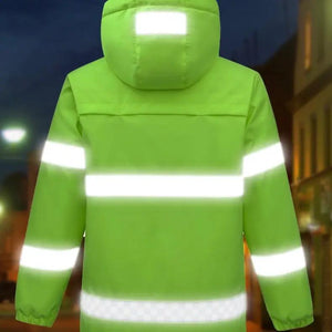 Jacket neon-green high-visibility with reflective bands on sleeves and torso, hooded