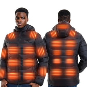 LITEGUEST 27-Zone Smart Heated Down Jacket, dark gray puffer; front and back views by SmartTherm OutdoorLiteGear Inc.