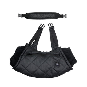 LITEGUEST USB Heated Hand Muff in black quilted fabric with adjustable buckled straps