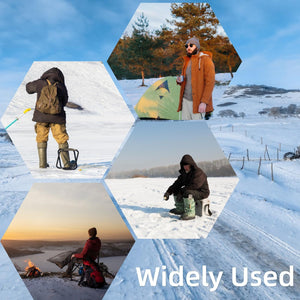 LITEGUEST USB Heated Hand Muff for winter outdoor warmth; collage of hikers and campers in snowy landscapes