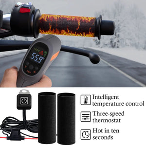LITEGUEST USB heated handlebar mitts for motorcycle riding gear with a digital temperature controller displaying 59.9°C