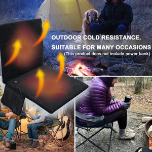 Black heated outdoor seat cushion with backrest for camping from SmartTherm OutdoorLiteGear, with built-in control.