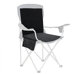 Heated outdoor seat cushion with backrest, black cushion on white folding camping chair with attached controller pouch